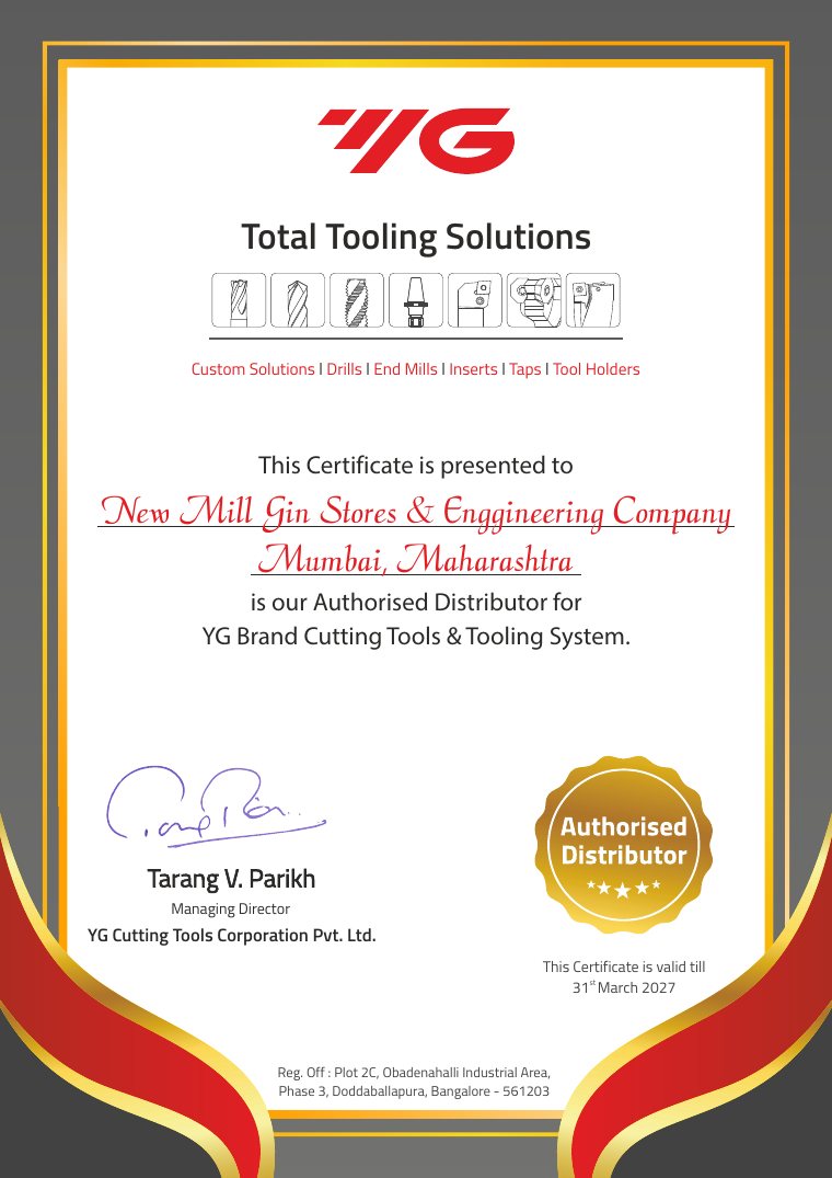 YG Cutting Tools authorised distributor certificate